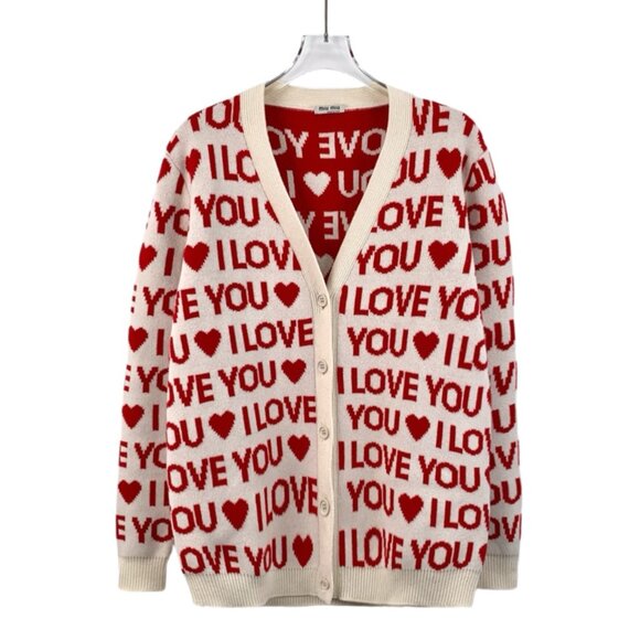 Miu Miu Red Logo Letter Embroidered Cashmere Knit Cardigan